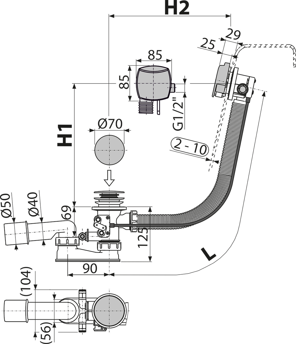 A566-273133 - Ventil cadă cu sifon pentru baie cu hidromasaj şi alimentare prin preaplin, metalic