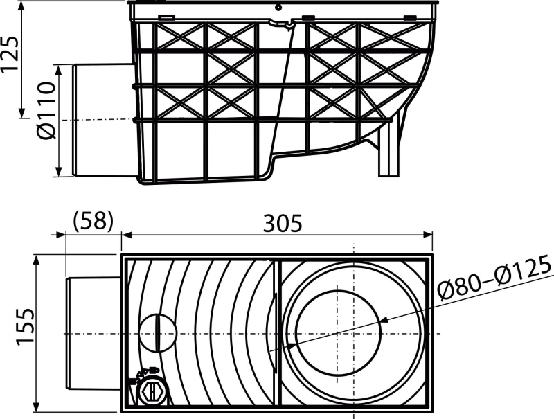 AGV3 - Racord de burlan 300×155/110 mm cu clapetă şi coş de colectare cu ieşire laterală, negru