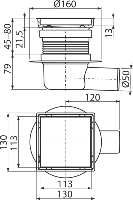 APV140 - Sifon pardoseală 130×130 mm ieşire laterală, grătar din oţel inoxidabil cu două fețe, sistem de reţinere a mirosurilor umed