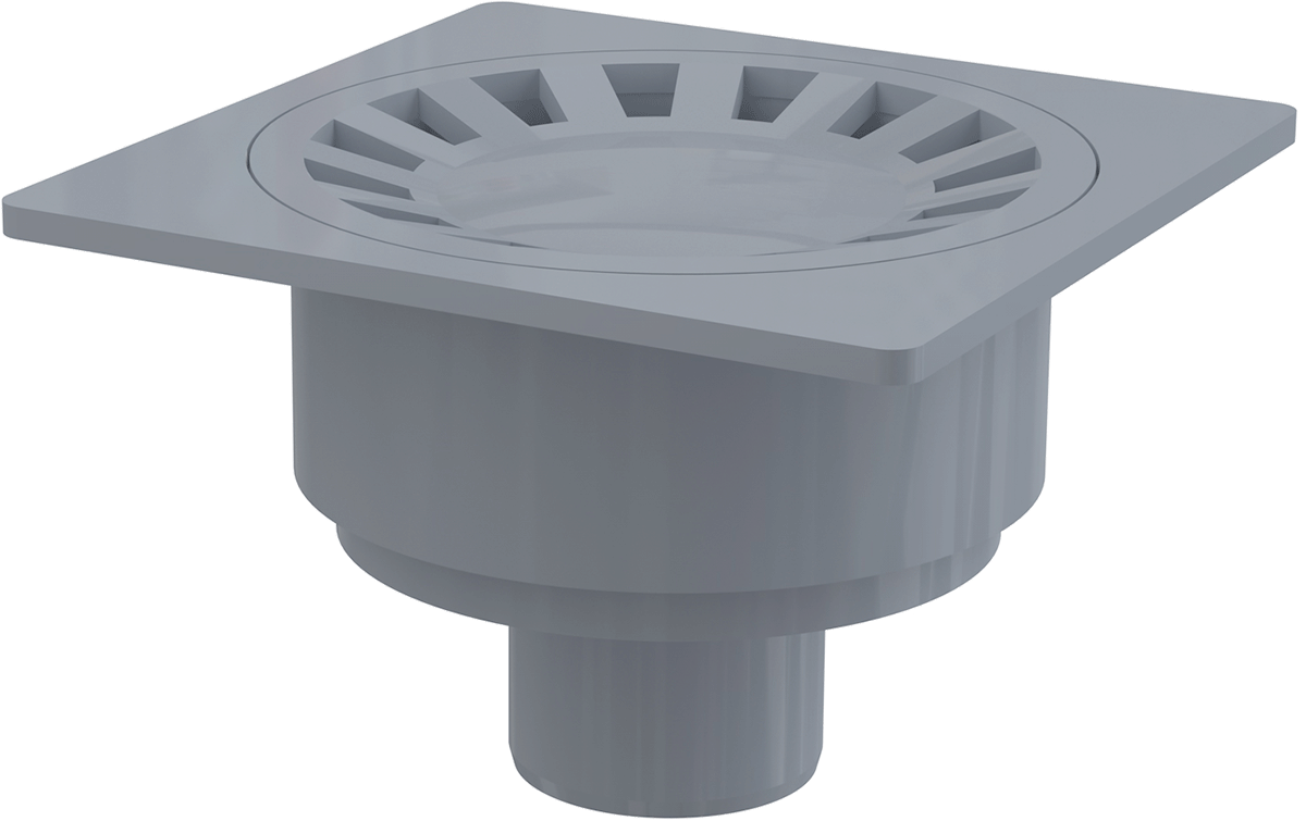 APV16 - Sifon pardoseală 150×150/50 mm ieşire verticală, grătar de plastic gri, sistem de reţinere a mirosurilor umed