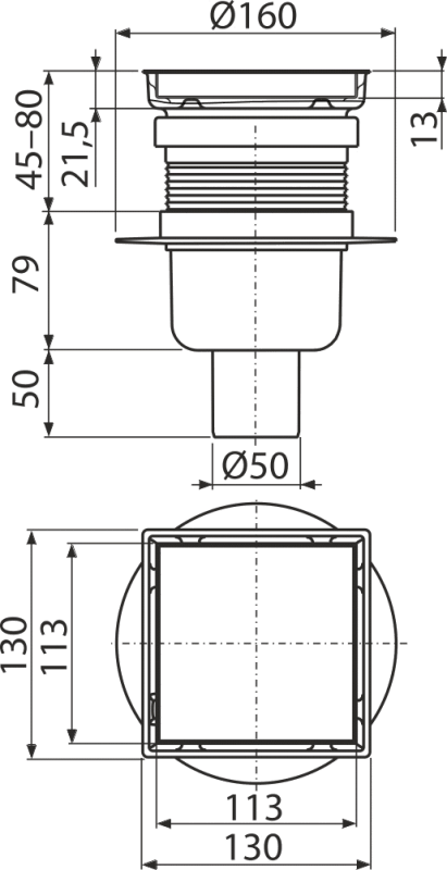 APV240 - Sifon pardoseală 130x130 mm ieşire verticală, grătar din oţel inoxidabil, sistem de reţinere a mirosurilor umed