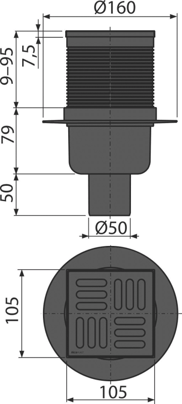APV32BLACK - Sifon pardoseală 105×105/50 mm ieşire verticală, grătar din oţel inoxidabil negru-mat, sistem de reţinere a mirosurilor combinat SMART