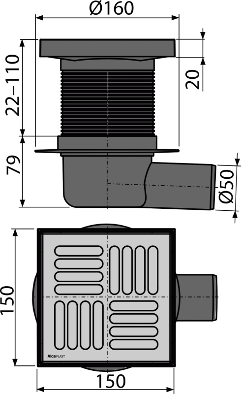 APV5411 - Sifon pardoseală 150×150/50 mm ieşire laterală, grătar din oţel inoxidabil, sistem de reţinere a mirosurilor umed