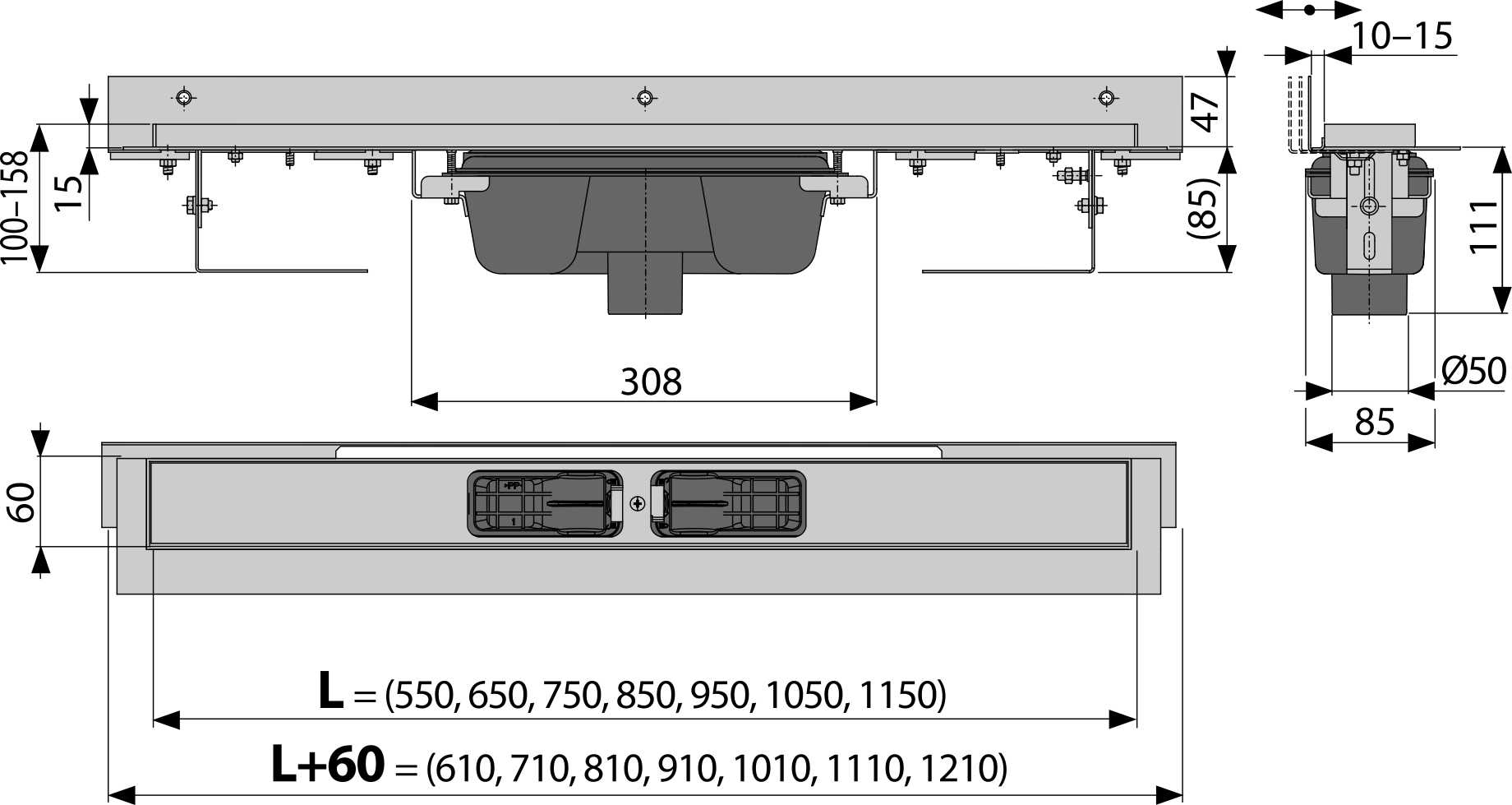 APZ1004 Flexible - Canal de scurgere pentru duş cu margine pentru grătar perforat şi margine ajustabilă faţă de zid, ieșire verticală (grătarul nu este inclus)