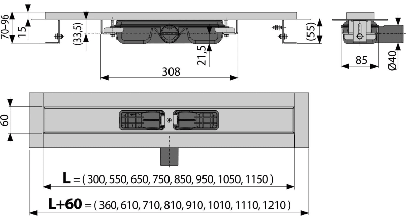 APZ101 Low - Canal de scurgere pentru duş cu margine pentru grătar perforat (grătarul nu este inclus)