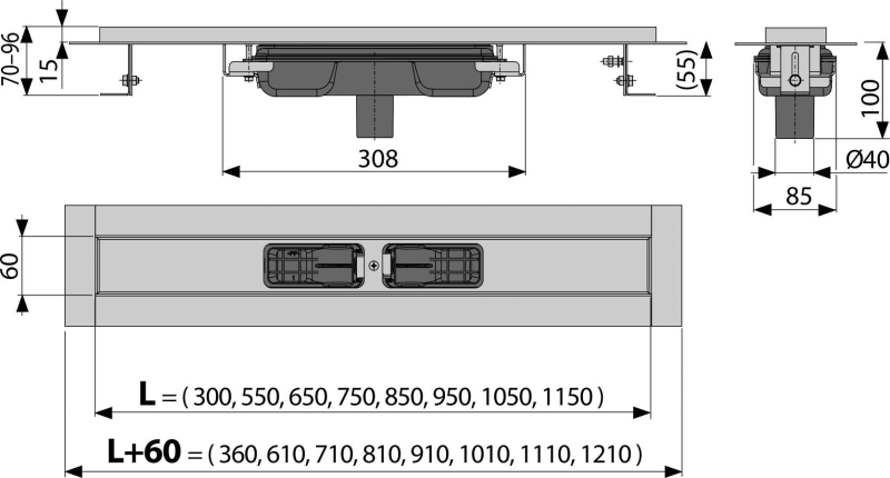APZ1101 Low - Canal de scurgere pentru duş cu margine pentru grătar perforat, ieșire verticală (grătarul nu este inclus)