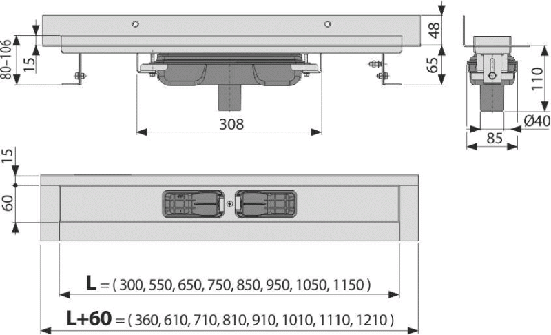 APZ1116 Wall Low - Canal de scurgere pentru duş cu margine pentru grătar plin şi margine faţă de zid, ieșire verticală (grătarul nu este inclus)