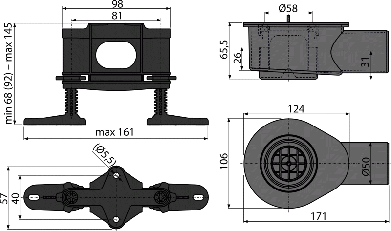 APZ-S9 - Sifon low DN50 și set de suporți reglabili