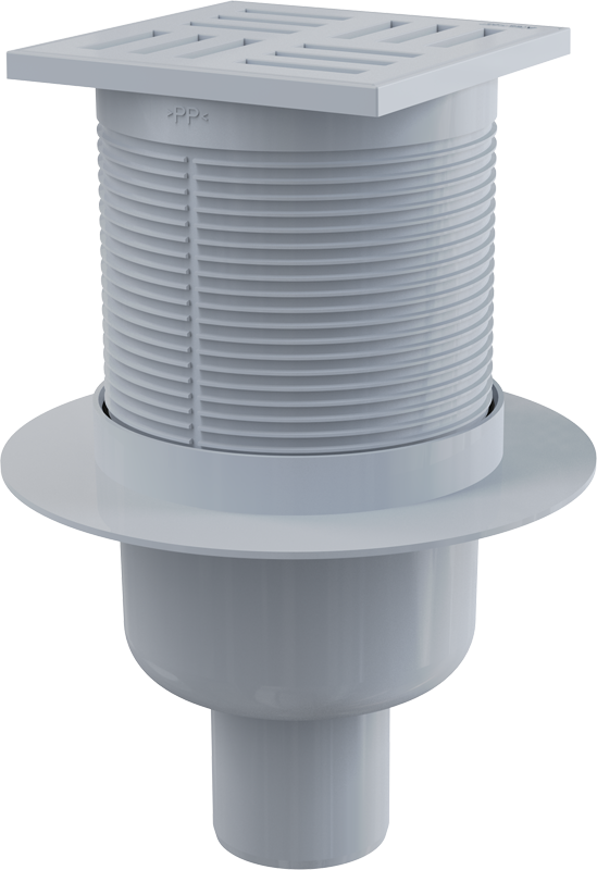 APV6111 - Sifon pardoseală 105×105/50 mm ieşire verticală, grătar de plastic gri, sistem de reţinere a mirosurilor umed