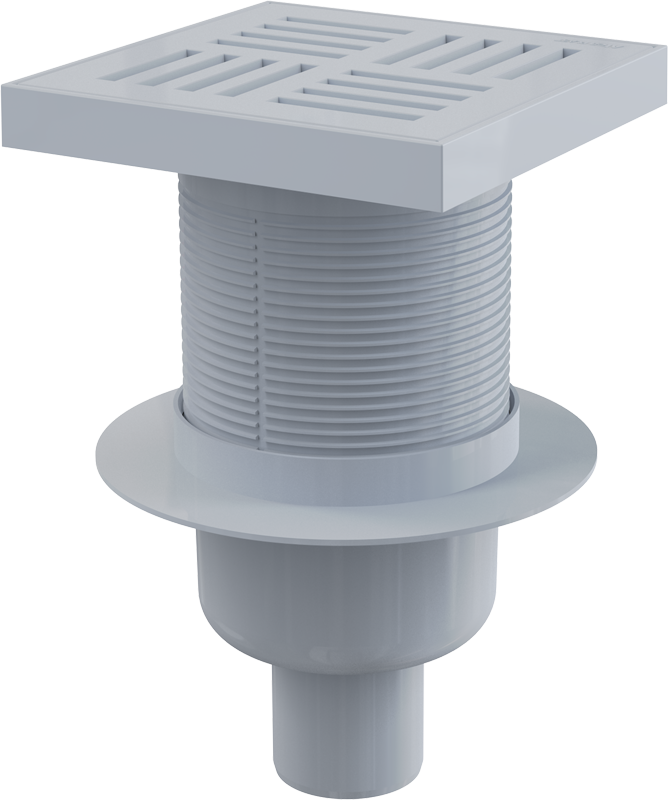 APV6211 - Sifon pardoseală 105×105/50 mm ieşire verticală, grătar de plastic gri, sistem de reţinere a mirosurilor umed